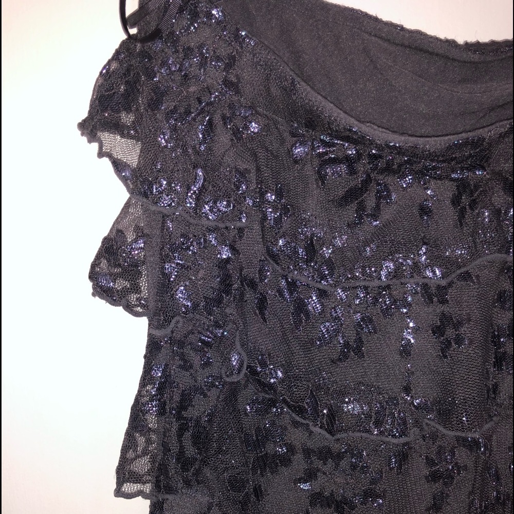 EXPRESS Grey Metallic Lace Ruffle Strapless Dress